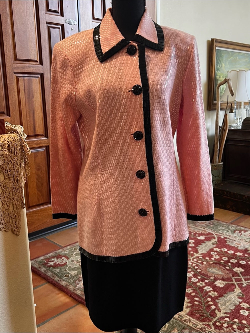 St. John Pink Knit Jacket with Black Trim